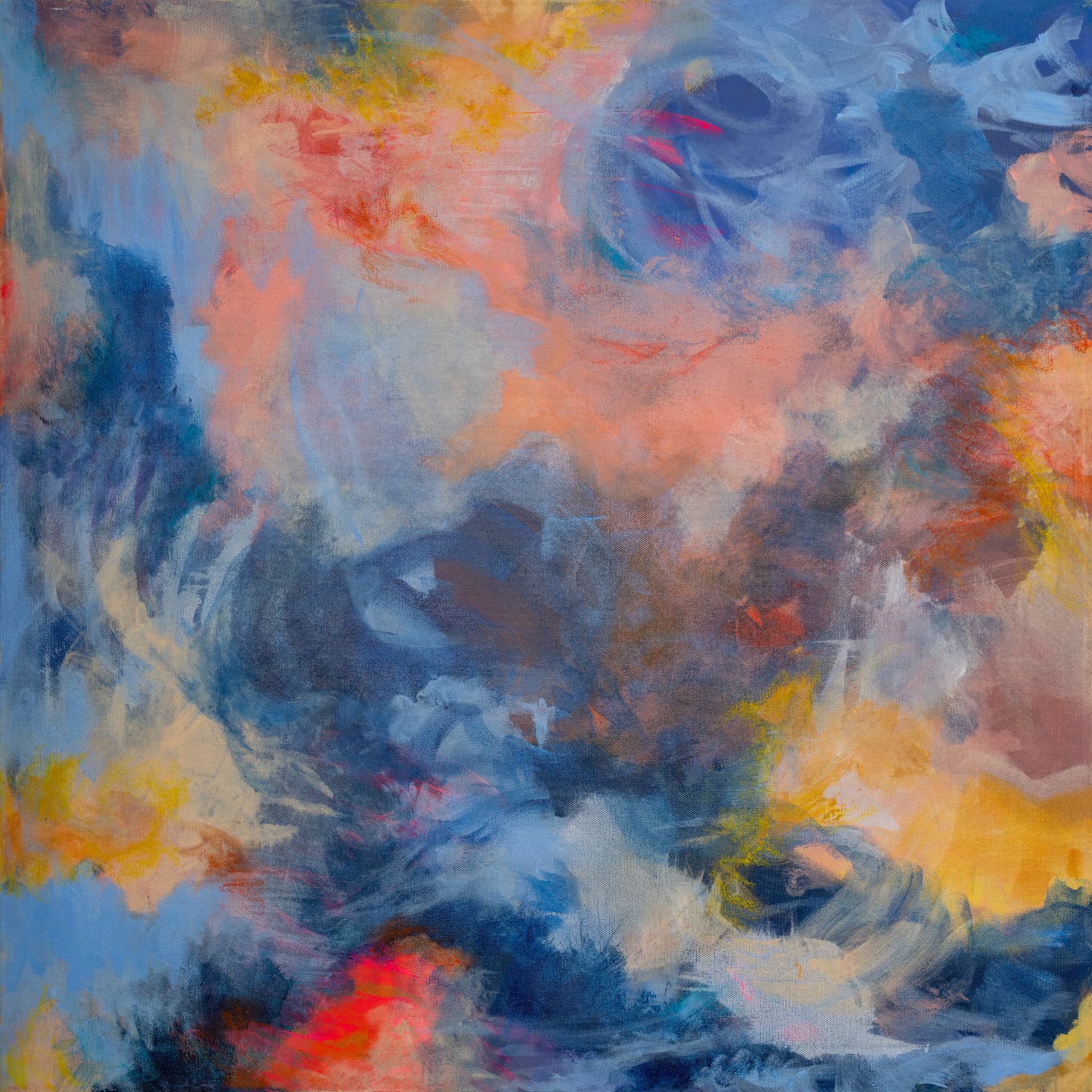 Abstract painting of coral and blue light dissolving into one another