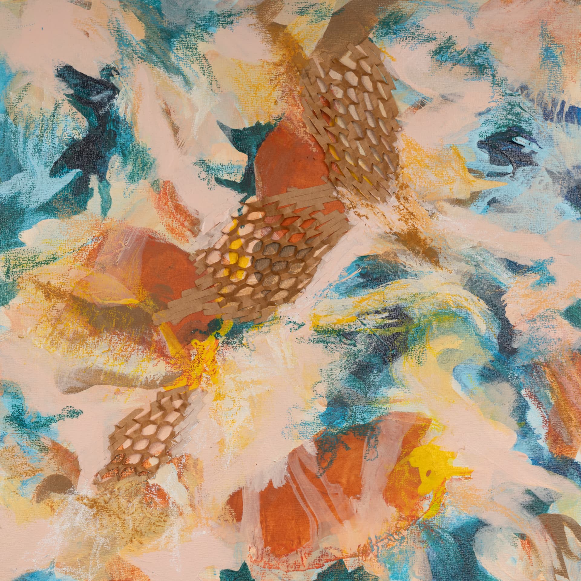 Detail of an abstract work in ochre, teal and cream
